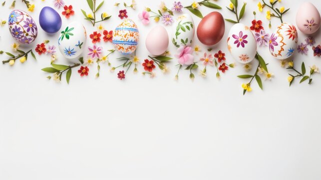 Floral border background with intricately decorated Easter eggs, highlighting the beauty of spring blooms,