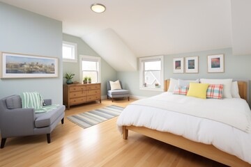 cozy loft bedroom in modernized saltbox interior