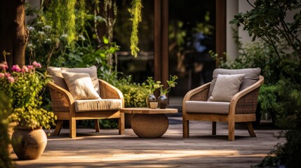 Garden or patio scene with unconventional outdoor furniture and decor, capturing the spirit of an alternative and inspiring outdoor workspace. - obrazy, fototapety, plakaty