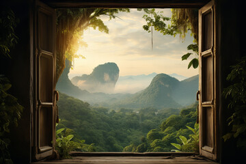 Tropical View from an Open Window,  open window frames a breathtaking view of lush tropical mountains shrouded in mist, inviting adventure and tranquility.