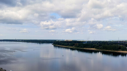 Rybinsk, Russia. Volga river, Rybinsk hydroelectric power plant on the horizon, Aerial View
