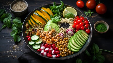 
High-angle shot of a beautifully arranged Buddha bowl with a variety of grains, vegetables, and protein sources, emphasizing the balance and nutrition of this popular dish