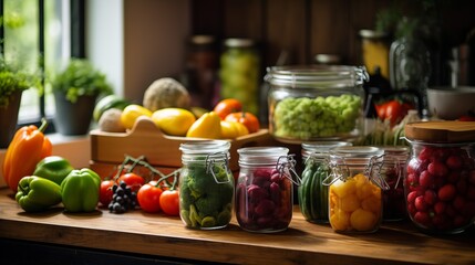 
Homely scene of a kitchen counter filled with freshly harvested fruits and vegetables, ready for canning,
