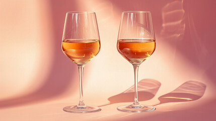 Two glasses of champagne in glasses of wine on peach background. Celebration concept, celebrating Valentine day February 14, 8 March, Birthday, International Women day, copy space
