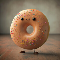 Funny glazed donut with sprinkles on wooden background.