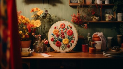 Interior shots of a room decorated with DIY embroidery hoop art,