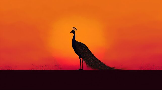 Silhouette of a peacock at sunset or sunrise at golden hour
