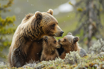 Fototapeta premium A family of grizzly bears hug and play.