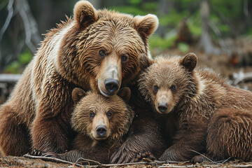 Fototapeta premium A family of grizzly bears hug and play.