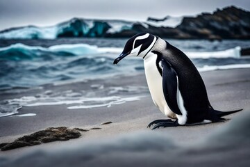 Indulge in the simplicity and elegance of Antarctic wildlife with a captivating image of a chinstrap penguin on the tranquil beach.