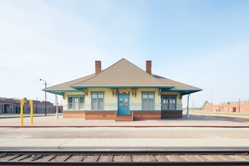 wood and brick prairie train station with empty tracks