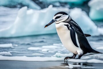 Witness the resilience of life in the polar regions with a stunning portrayal of a chinstrap penguin on the serene beach in Antarctica.
