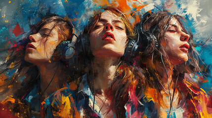 Abstract Expression of Music and Emotion, Vibrant oil painting capturing three iterations of a woman lost in music, the vivid strokes expressing dynamic movement and emotion - obrazy, fototapety, plakaty