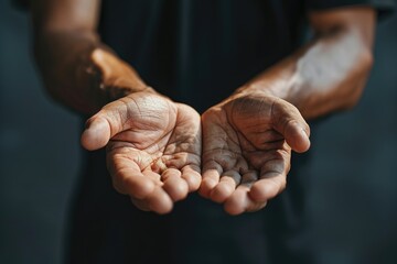 close up man hands reaching together for helping and support and human rights of equality concept. - obrazy, fototapety, plakaty