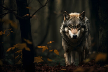 Nahaufnahme eines Wolfes/Wolf in einem dunklen Wald, erstellt mit generativer KI