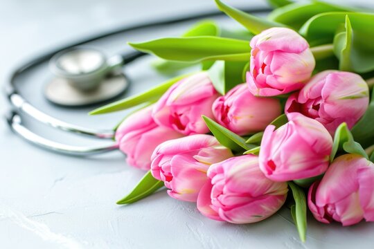 Bunch of pink tulips and stethoscope on white background. National Doctors day. Happy nurse day.