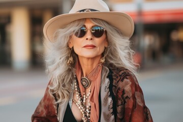Portrait of beautiful mature woman in hat and sunglasses on the street