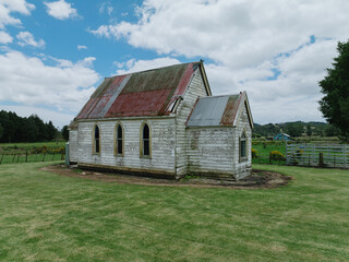Historic abandoned pioneer church in Ruawai, Northland, New Zealand.