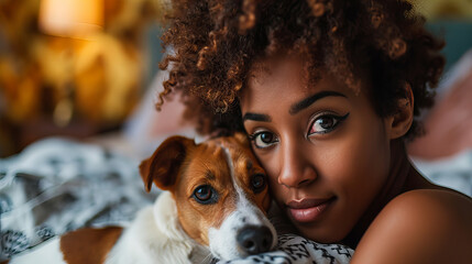 Intimate Moment with Beloved Pet, tender moment captured as a young woman lies close with her dog, their bond evident in their shared gaze