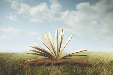 surreal open book ready to be read in a wild meadow