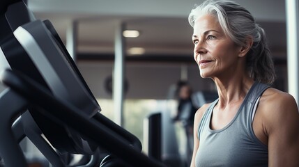 
Portrait, of mid age woman, working on a fitness equipment in fitness studio, without make up, emphasizing gray hair and natural aging