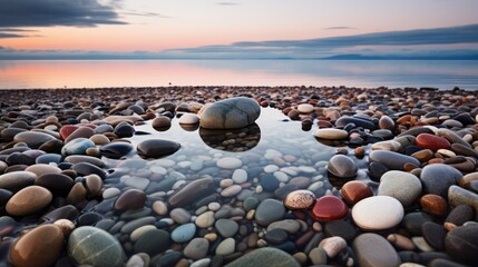 Reflection shots capturing the artistic arrangement of beach pebbles mirrored in still water, creating a visually intriguing and contemplative scene