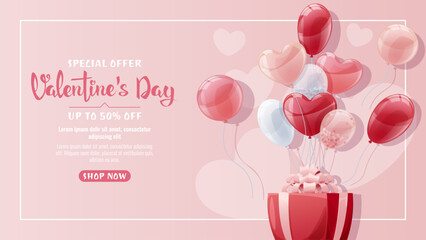 Valentine s Day Sale Banner. Background with balloons and gift box. Flyer, discount offer, advertising. The poster is perfect for a holiday promotion.