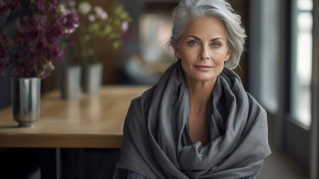 portrait of a beautiful 50-60s mid age beautiful senior model woman with grey hair