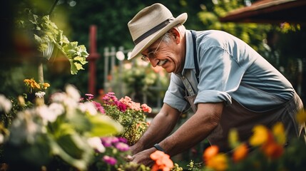 Senior joyfully picking fresh vegetables from their thriving garden, illustrating the satisfaction of homegrown produce. - obrazy, fototapety, plakaty