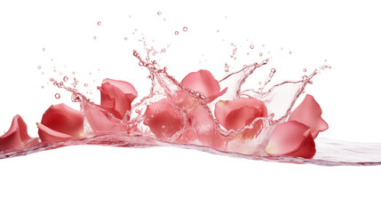 Rose flower petals , water drop and leaf falling in white background.	
