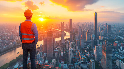 worker in a hard hat and reflective vest stands atop a high place, overlooking a sprawling cityscape bathed in the light of a setting sun