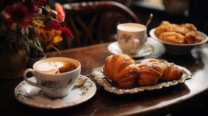 
Table scene featuring a perfectly paired cup of coffee alongside delicious pastries or desserts