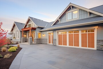 elegant shingle home with stoneframed garage doors