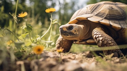 Unique scenes of a tortoise exploring the outdoors, highlighting the slow and steady charm of these reptilian companions