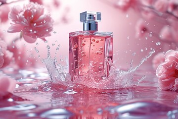 front view, rectangular perfume bottle mockup, clean and simple, pink liquid inside, little water splash, no 3 quarter view