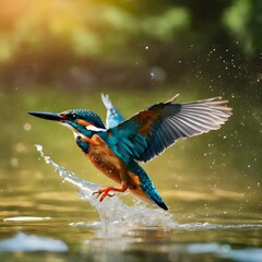 In a spectacular display of agility, a kingfisher launches into a dive, wings spread and water splashing, capturing the essence of a hunter in motion