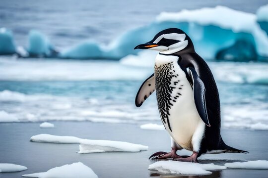 Experience the untouched beauty of Antarctica with a breathtaking image featuring a chinstrap penguin standing gracefully on the beach.