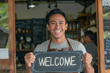 cheerful Asian barista holding the welcome sign in the cafe - Powered by Adobe