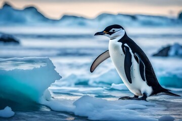 Capture the enchanting dance of nature as a chinstrap penguin explores the serene beauty of the beach in Antarctica.