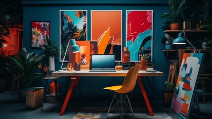 
Workspace with a desk inspired by abstract art, featuring unique shapes and vibrant colors,