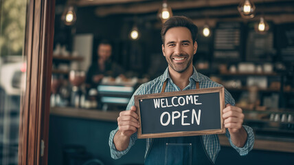 cheerful barista in apron displays the welcome board in cafe.