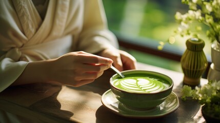 Obraz na płótnie Canvas Zen-like scenes of a matcha latte being prepared, capturing the green hues and serene beauty of this trendy beverage,