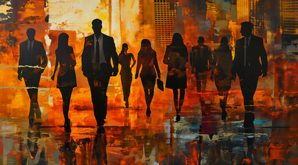 silhouettes of business people walking with a dynamic, abstract cityscape in warm orange and yellow tones in the background - obrazy, fototapety, plakaty