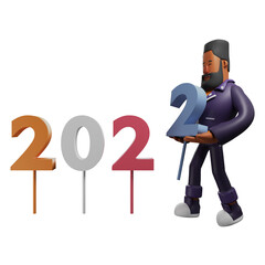 3D Illustration. 3D Character Cartoon Illustration of a bearded man holding a 2022 Sign. in a cool pose. wearing a cool rocker jacket. 3D Cartoon Character