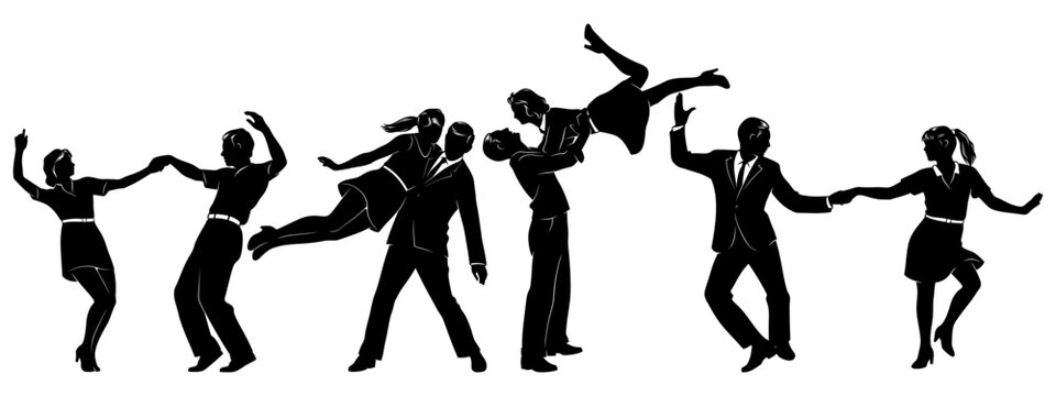 Dancing Couples Silhouettes Set. Swing Dancers. Vector cliparts isolated on white.