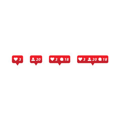 Four red glossy icons for like, comment and followers on social media. Suitable for content creators to show channel or account growth and engagement. Icons for heart, chat bubble and follower