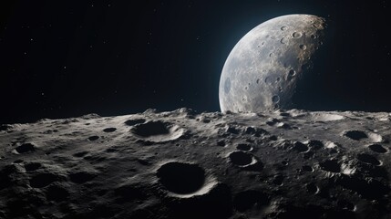 view of the moon's surface in the dark night solar system. 