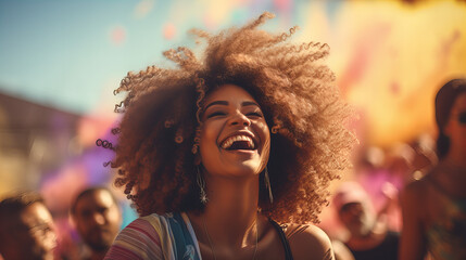Joyful Woman at Colorful Festival, radiant woman with afro-textured hair, smiling broadly, immersed in the vibrant atmosphere of a festival - Powered by Adobe