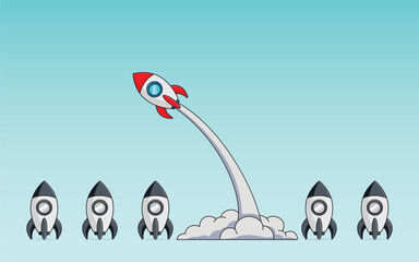 Rockets lined up in grey and one rocket in the air in full color, be different concept for business or motivation