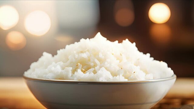 Closeup of a bowl of fluffy, perfectly cooked rice with grains that glisten in the natural light.